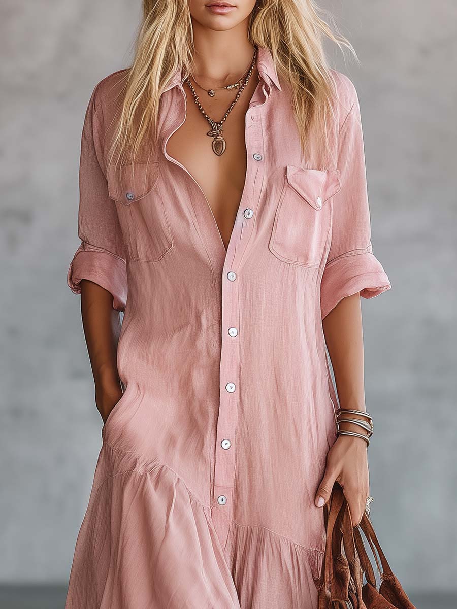 Casual Retro Western V-neck Front Button Short Sleeve Pink Cotton Linen Shirt Maxi Dress