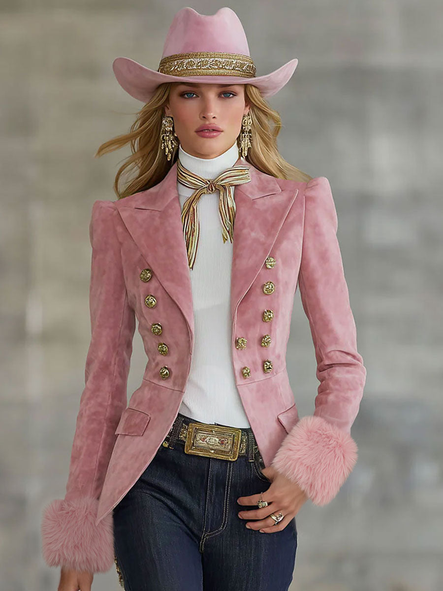 Lapel Multi-button Faux Suede and Fur Blazer