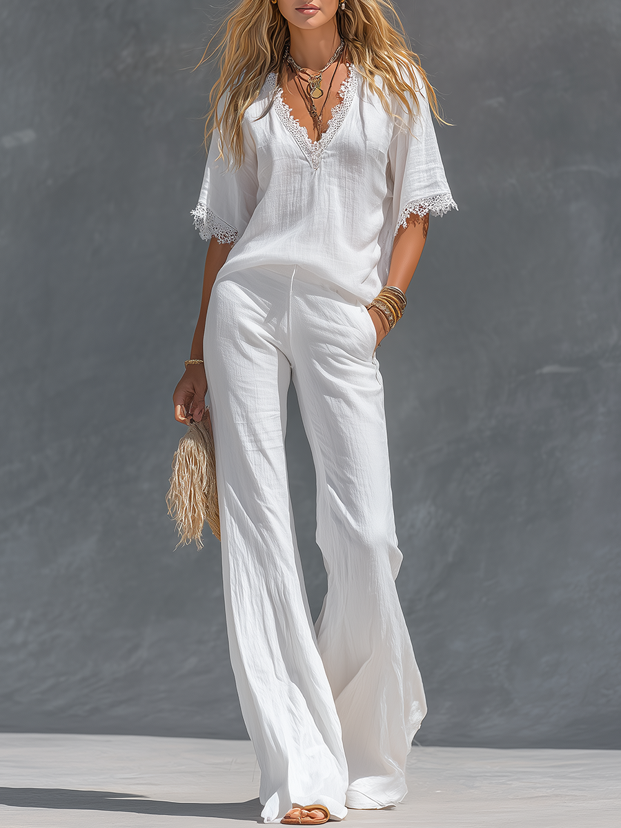 Retro V-neck Cotton And Linen Short-sleeved T-shirt And Wide-leg Trousers Set