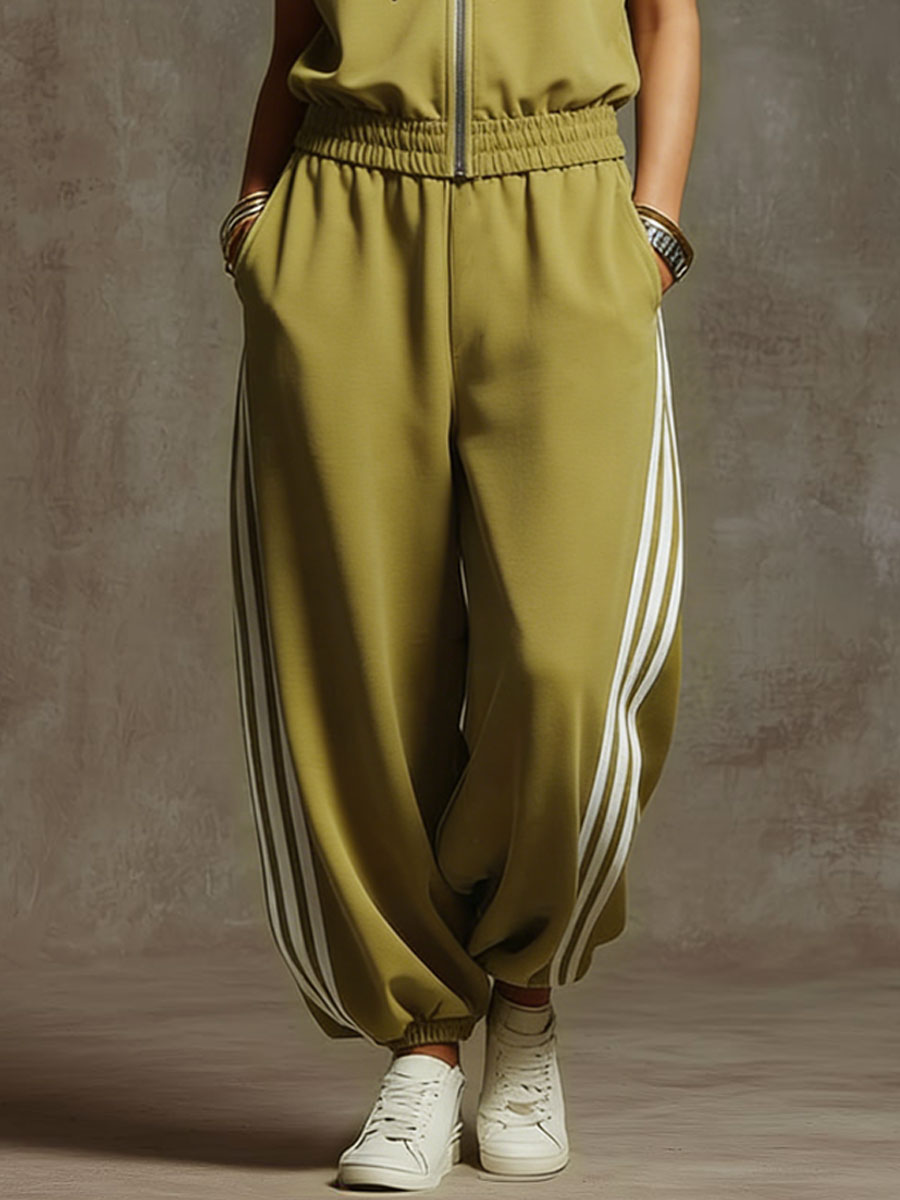 Casual Retro Sporty Yellow-Green Cotton Sleeveless Sweatshirt and Balloon Pants Set
