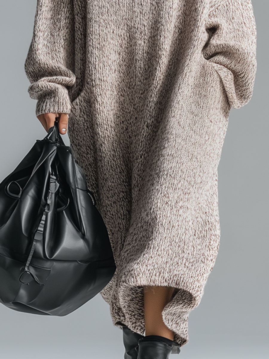 Fashion Loose Retro Trimmed Floral Grey Hooded Knitted Midi Dress