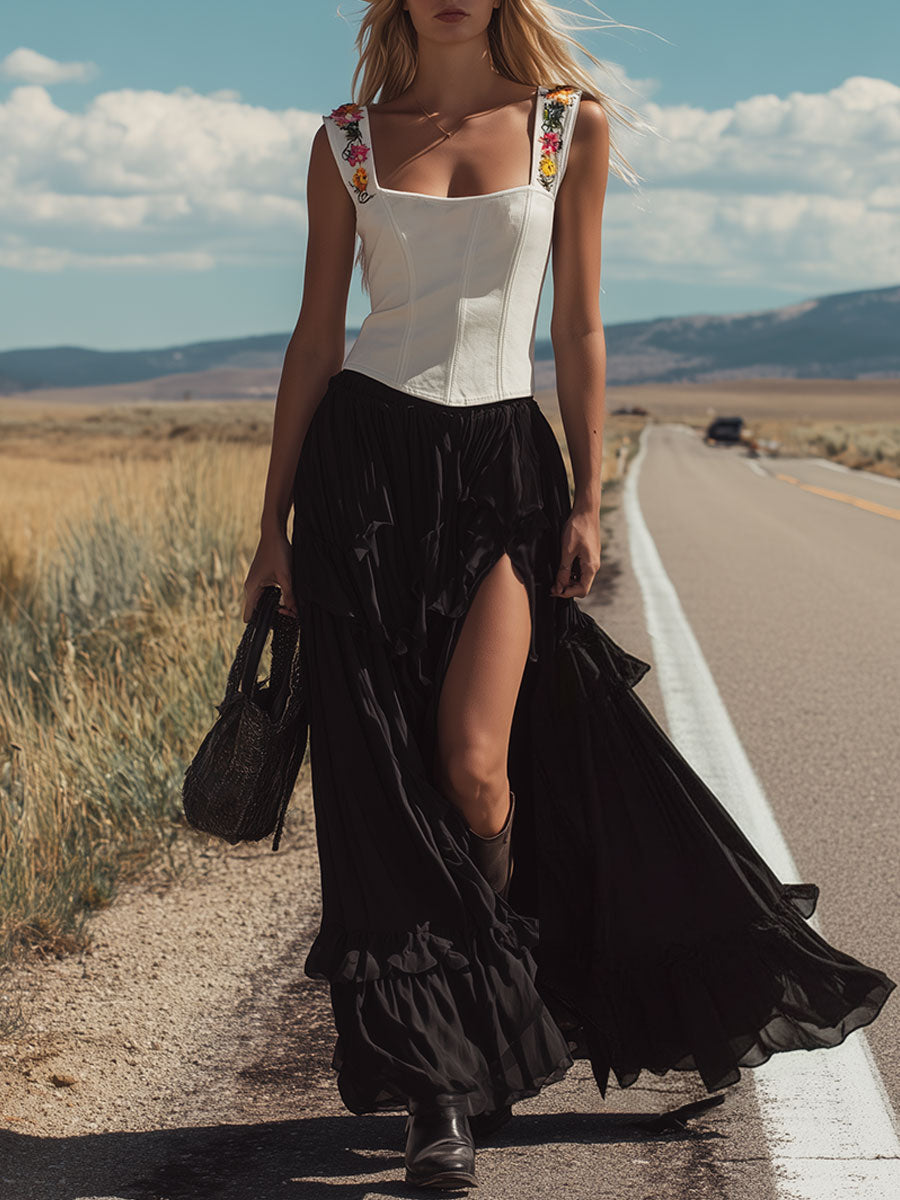 Western-style Retro Embroidered White Faux Suede Top and Black Slit Chiffon Skirt Set