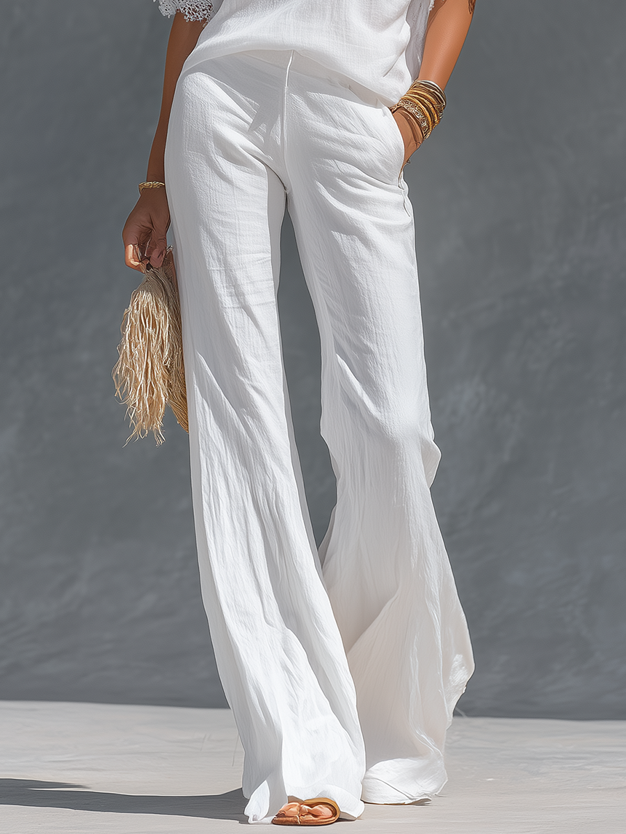 Retro V-neck Cotton and Linen Short-sleeved T-shirt and Wide-leg Trousers Set