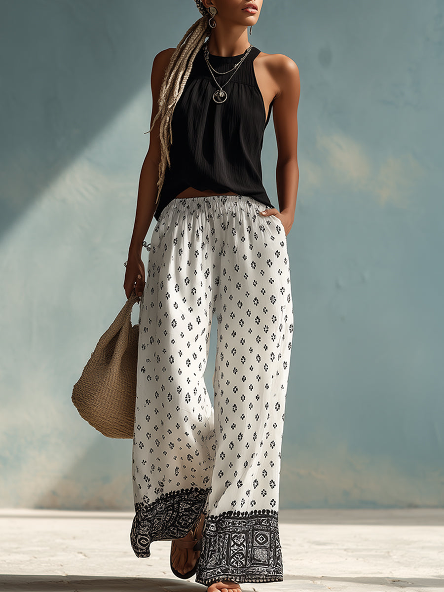 Chic Black Halter Top and White Ethnic-Print Chiffon Wide-Leg Trousers Set