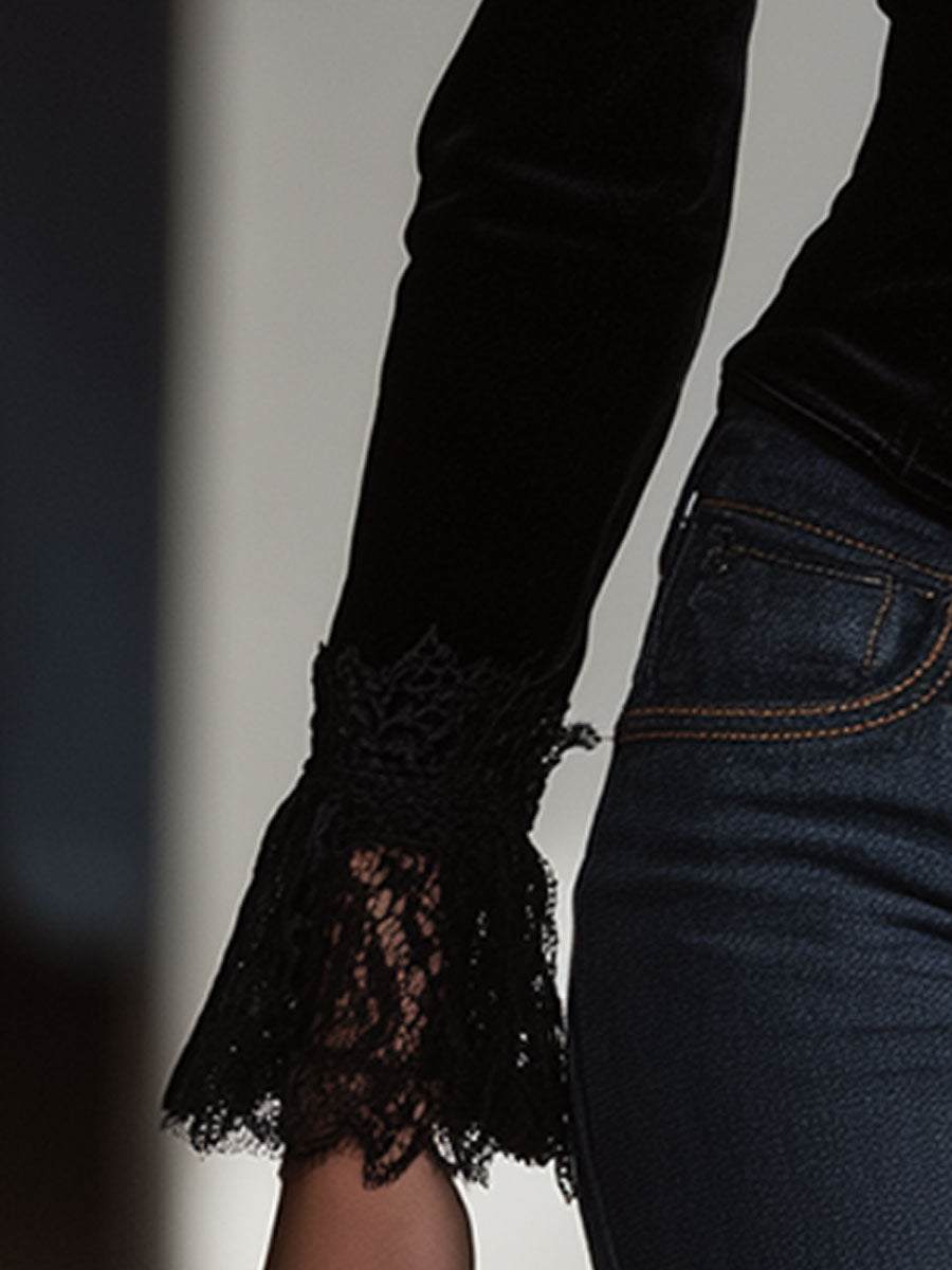 Stylish and Elegant Vintage Lace and Black Velvet Shirt