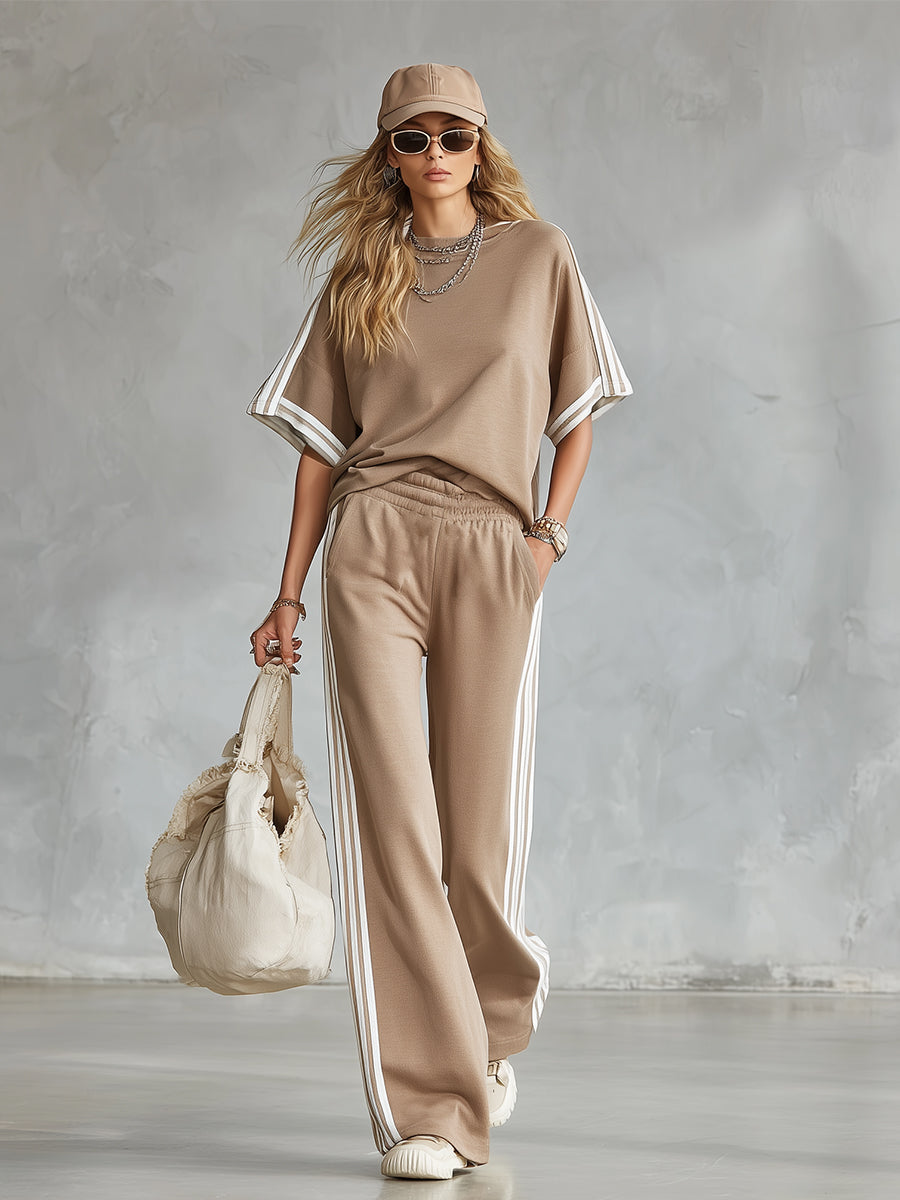 Casual Everyday Sports Striped-trim Khaki T-shirt and Trousers Set