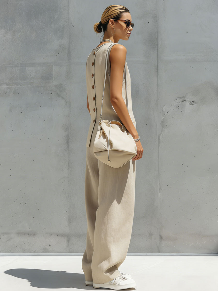 Casual Retro Sand-Coloured Cotton Linen Sleeveless Cardigan and Wide-Leg Trousers Set