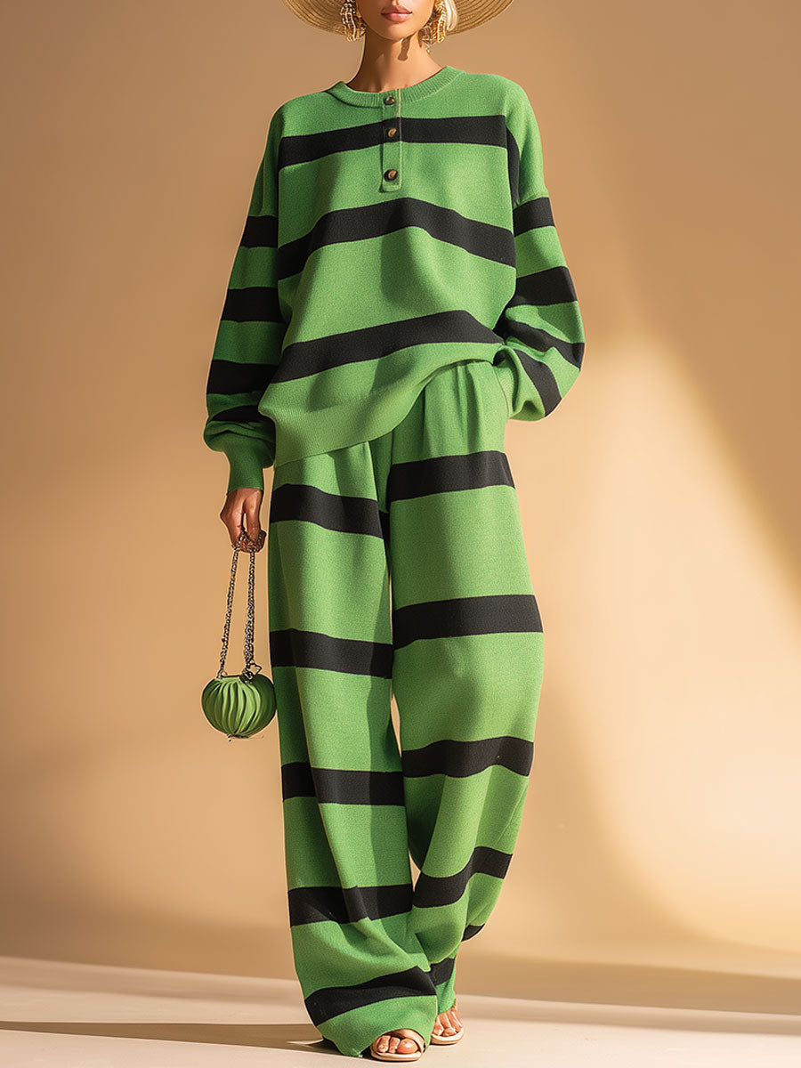 Casual Sports Green And Black Striped Sweatshirt And Trousers Set
