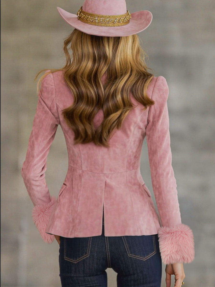 Lapel Multi-button Faux Suede and Fur Blazer