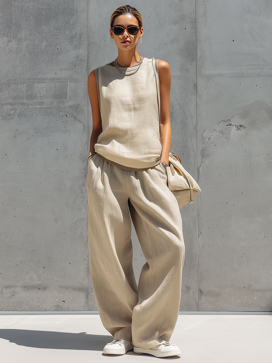 Casual Retro Sand-Coloured Cotton Linen Sleeveless Cardigan and Wide-Leg Trousers Set