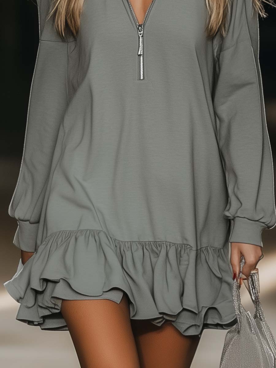Casual Loose Fashion Zipper V-neck Long Sleeve Lotus Leaf Hem Grey Mini Dress