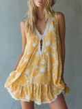 Yellow Chiffon Printed Lace-trimmed V-neck Sleeveless Mini Dress