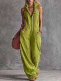 Casual Retro Western Collar Front Zipper Bright Green Cotton Linen Jumpsuit