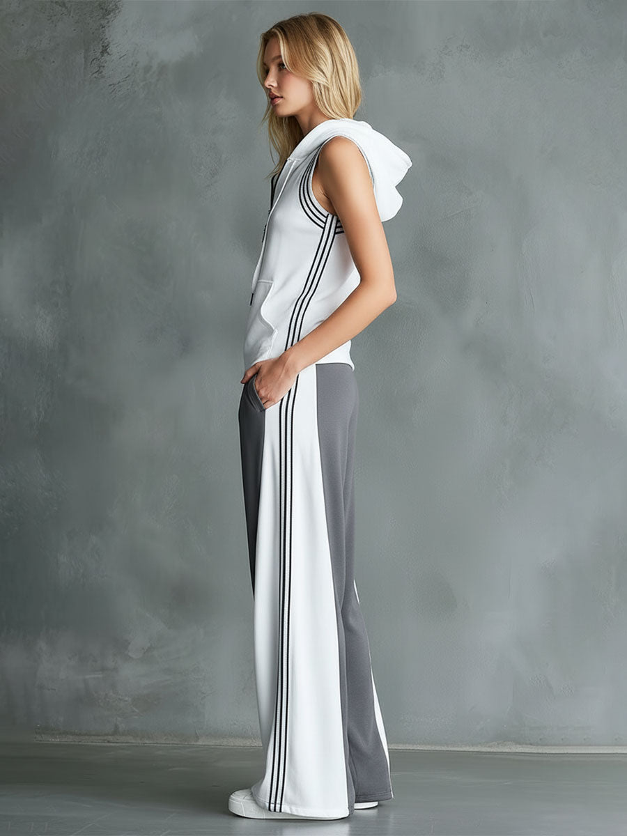 Casual Sporty Colour-Block Hooded Sleeveless Top And Wide-Leg Trousers Set