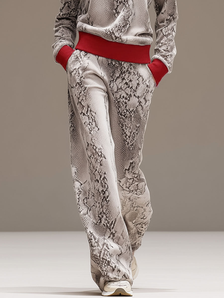 Casual Sporty Retro Snakeskin Grey Velvet Hooded Sweatshirt Wide-Leg Set