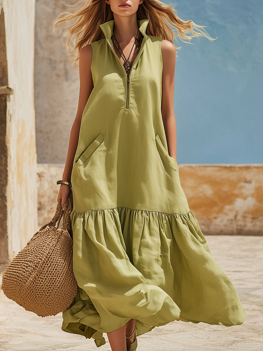 Stylish Grass-Green Lapel Cotton-Linen Summer Sleeveless Maxi Dress