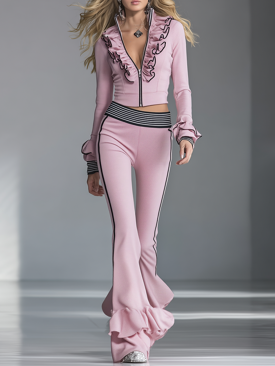 Elegant Sporty Black-trimmed Pink Flared Trousers Set