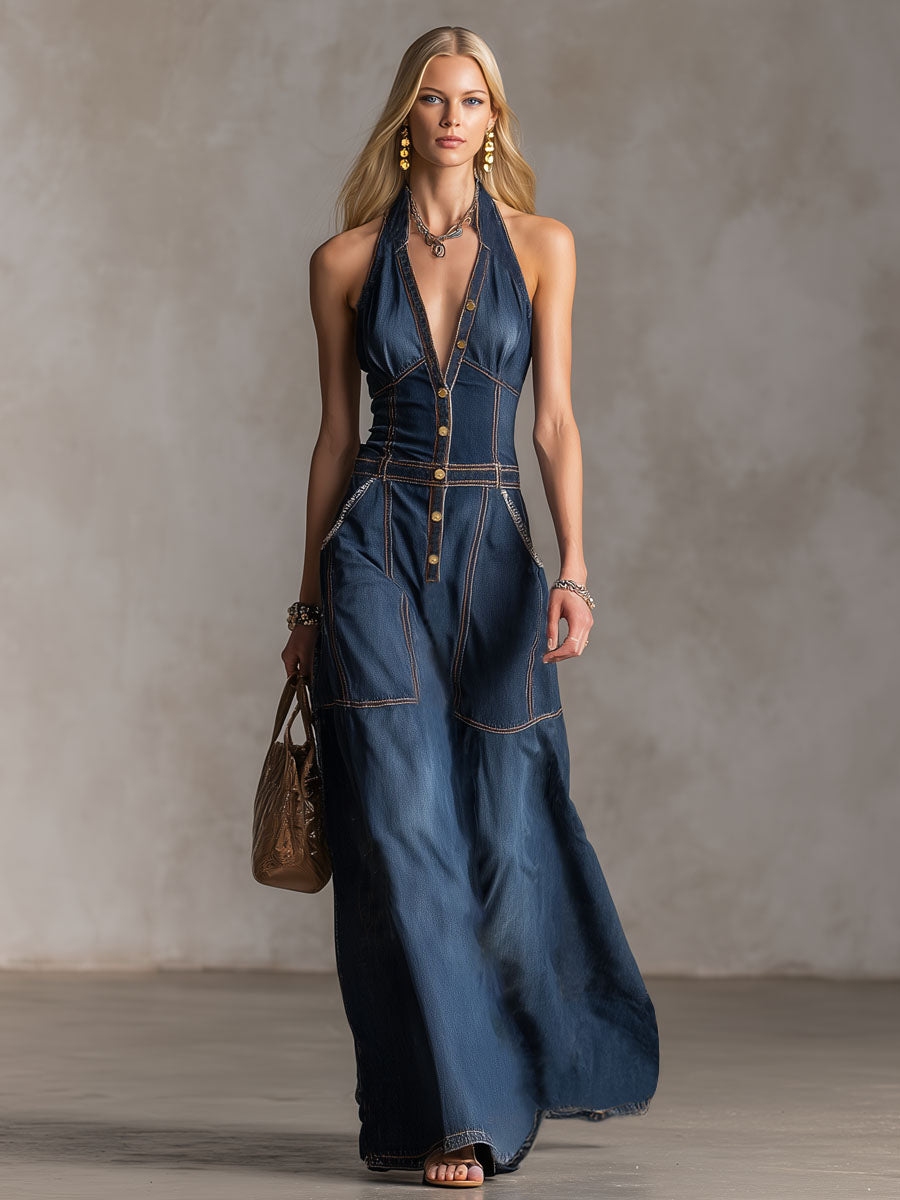 Halter Neck V-Neck Button-Down Double Pocket Sleeveless Denim Maxi Dress