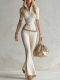 Elegant and Sporty Leopard Print Trim Off-white Knitted T-shirt and Flared Pants Set