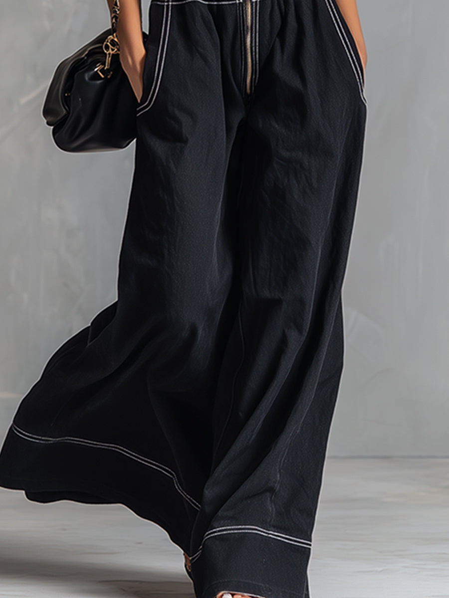 Stylish and Elegant Front-Zip Black Tencel Denim Sleeveless Wide-Leg Jumpsuit