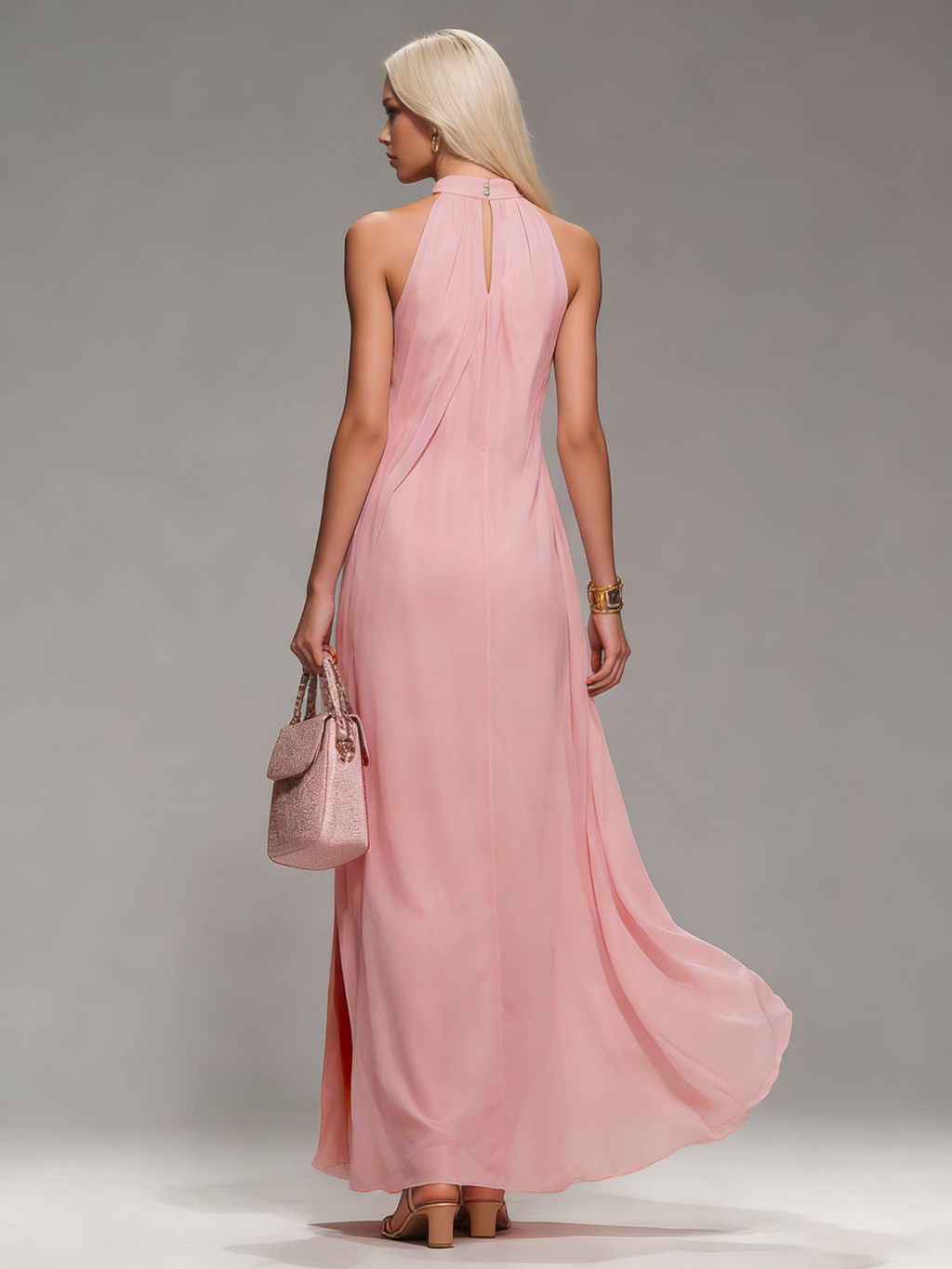 Comfortable and Elegant Halter Neck Sleeveless Slit Chiffon Maxi Dress