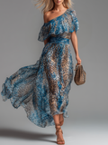 Stylish and Elegant Off-the-shoulder Short-sleeved Leopard Print Chiffon Maxi Dress