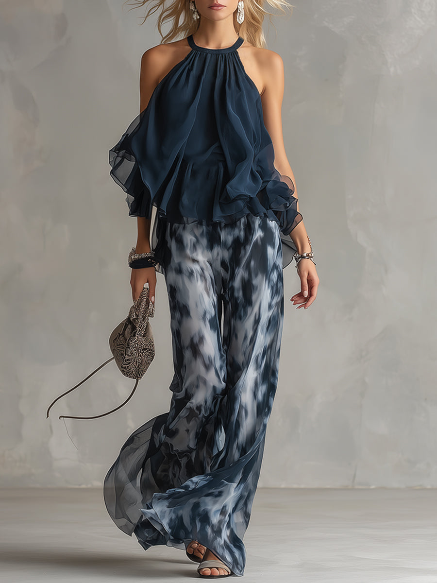 Elegant Urban Navy Blue Halter Neck Top and Printed Wide-leg Pants Chiffon Set