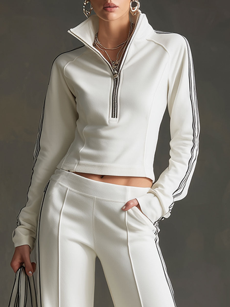 Sporty Retro Striped Webbing White Long-Sleeve Sweatshirt And Wide-Leg Trousers Set