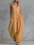 Loose-fitting Single-breasted Cotton-linen Sleeveless Jumpsuit
