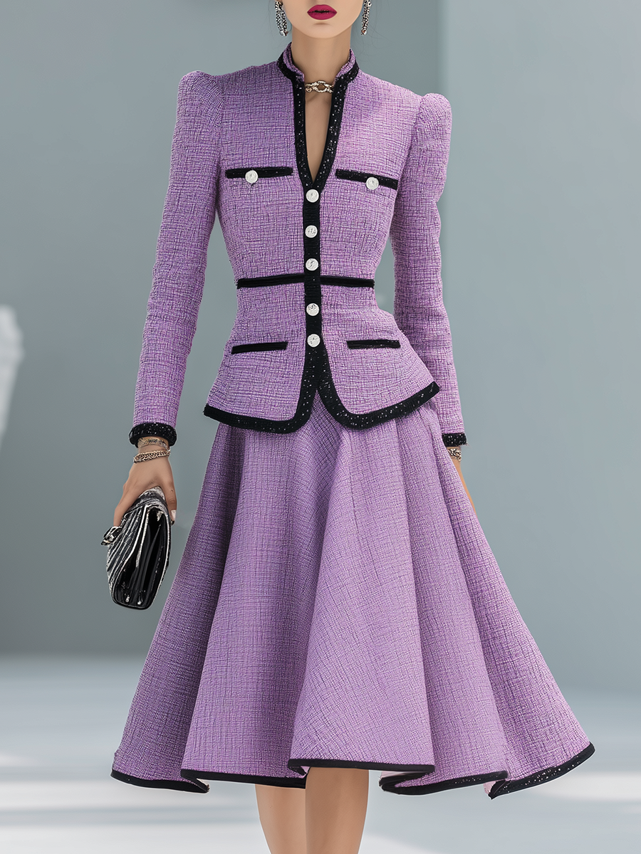 Elegant Contrasting Colour Tweed Two-piece Set