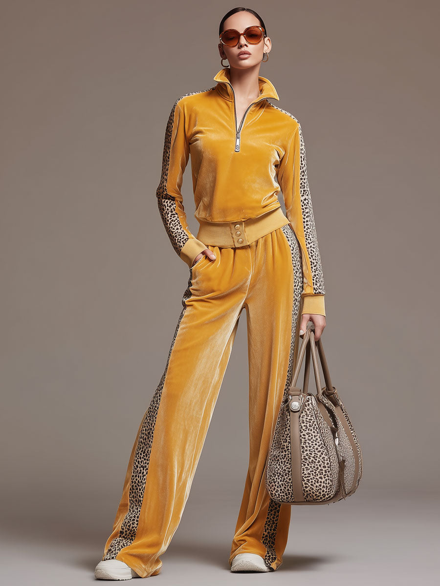 Casual Sporty Retro Leopard Print Trim Yellow Velvet Sweatshirt and Wide-Leg Trousers Set