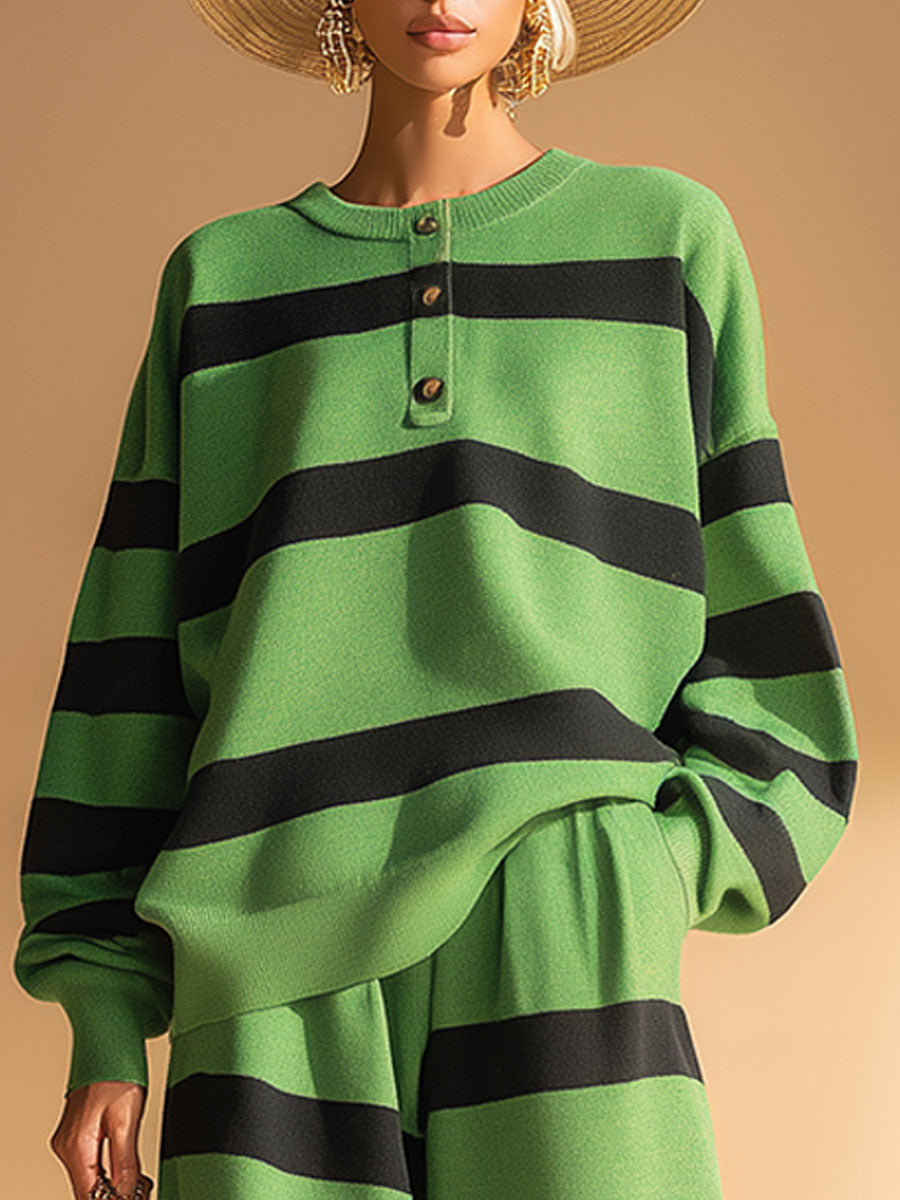 Casual Sports Green And Black Striped Sweatshirt And Trousers Set