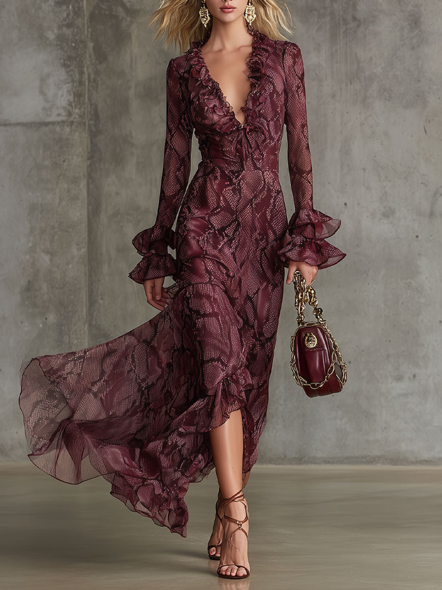 Elegant and Fashionable Burgundy Chiffon Snakeskin Pattern Ruffled Long-Sleeved Maxi Dress