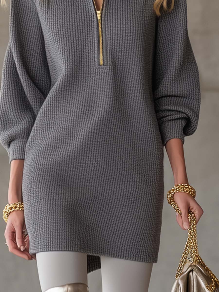 Exquisite Casual Lapel Front Zipper Three-quarter Sleeve Grey Waffle Mini Dress
