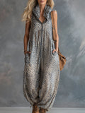 Stylish Urban Apricot-coloured Leopard Print Hooded Chiffon Jumpsuit