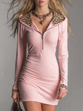 Sporty High-stretch Pink Mini Dress with Half-zip and Partial Leopard Print