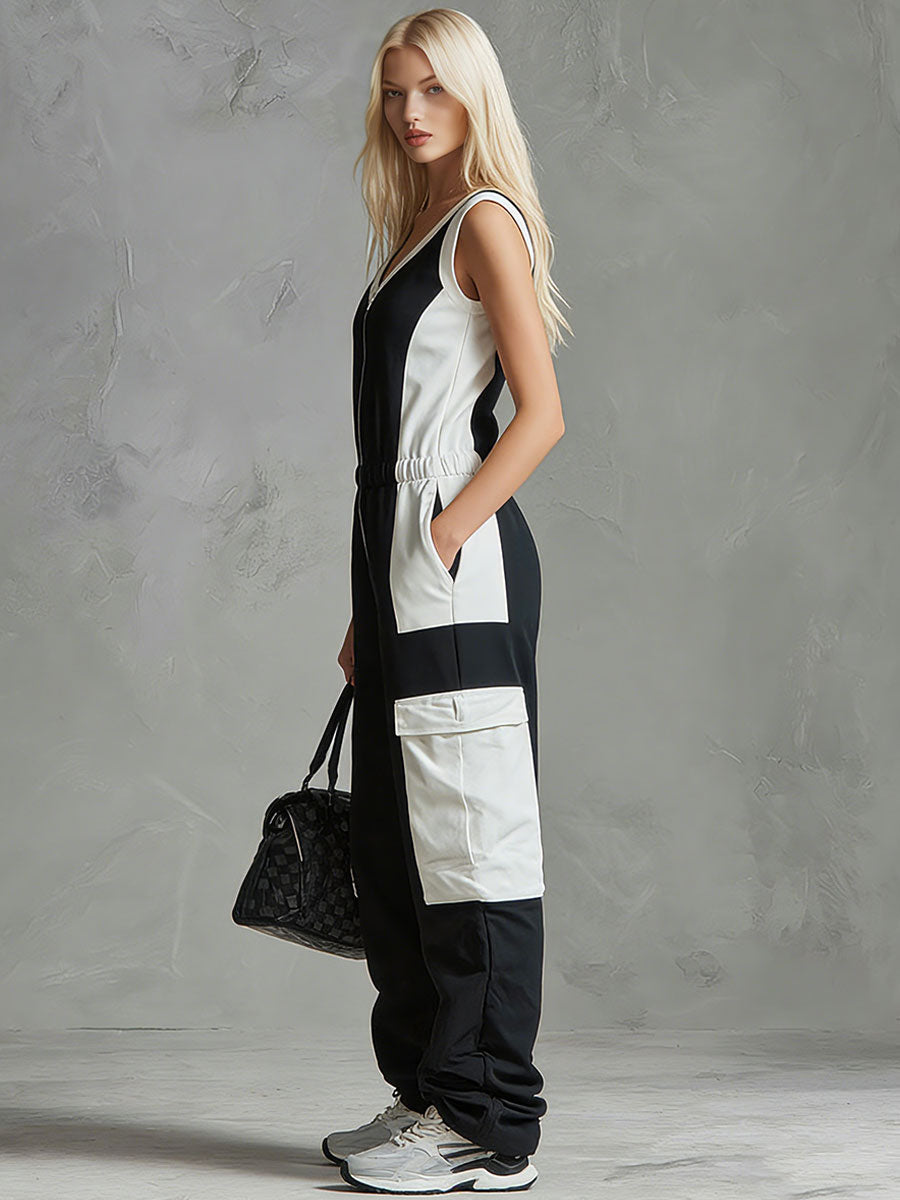 Casual Retro Sporty Black And White Colour-blocked V-neck Half-zip Jumpsuit