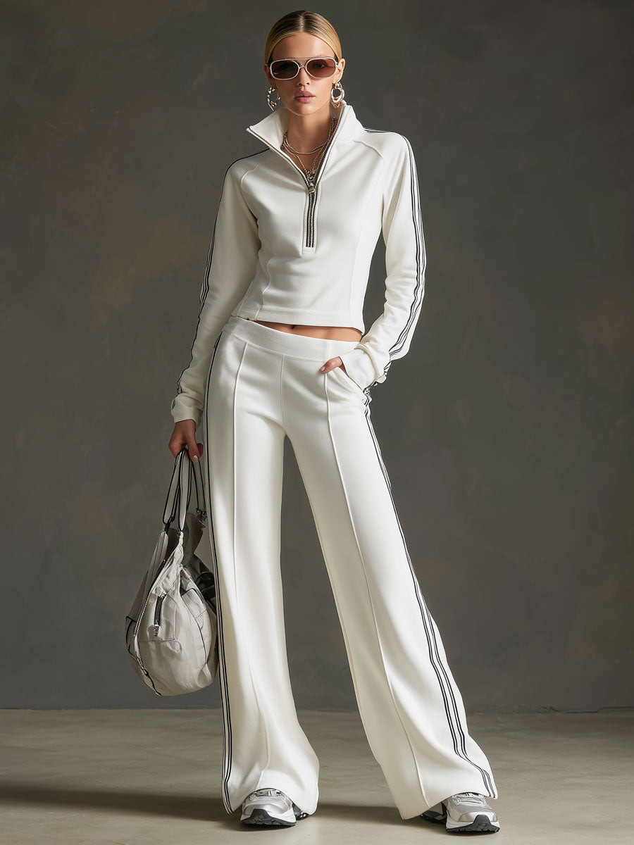 Sporty Retro Striped Webbing White Long-Sleeve Sweatshirt and Wide-Leg Trousers Set