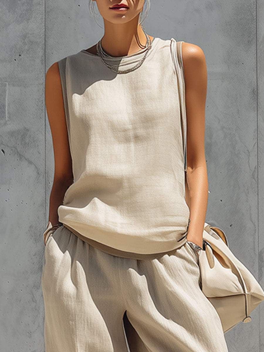 Casual Retro Sand-Coloured Cotton Linen Sleeveless Cardigan and Wide-Leg Trousers Set