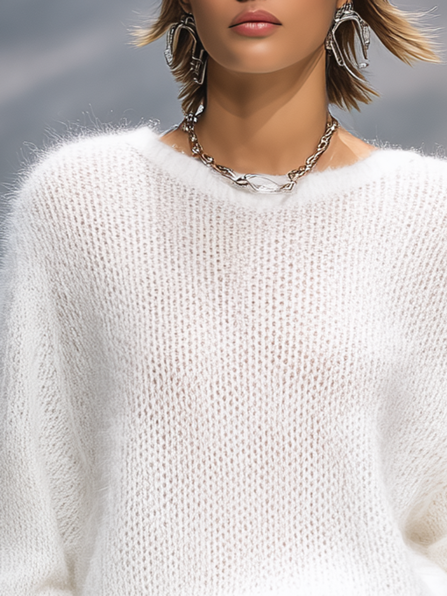 Elegant Solid Colour Round Neck Loose Pullover Sweater
