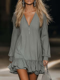Casual Loose Fashion Zipper V-neck Long Sleeve Lotus Leaf Hem Grey Mini Dress