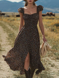 Western Retro Print Brown Short-sleeved Square Neck Slit Chiffon Midi Dress