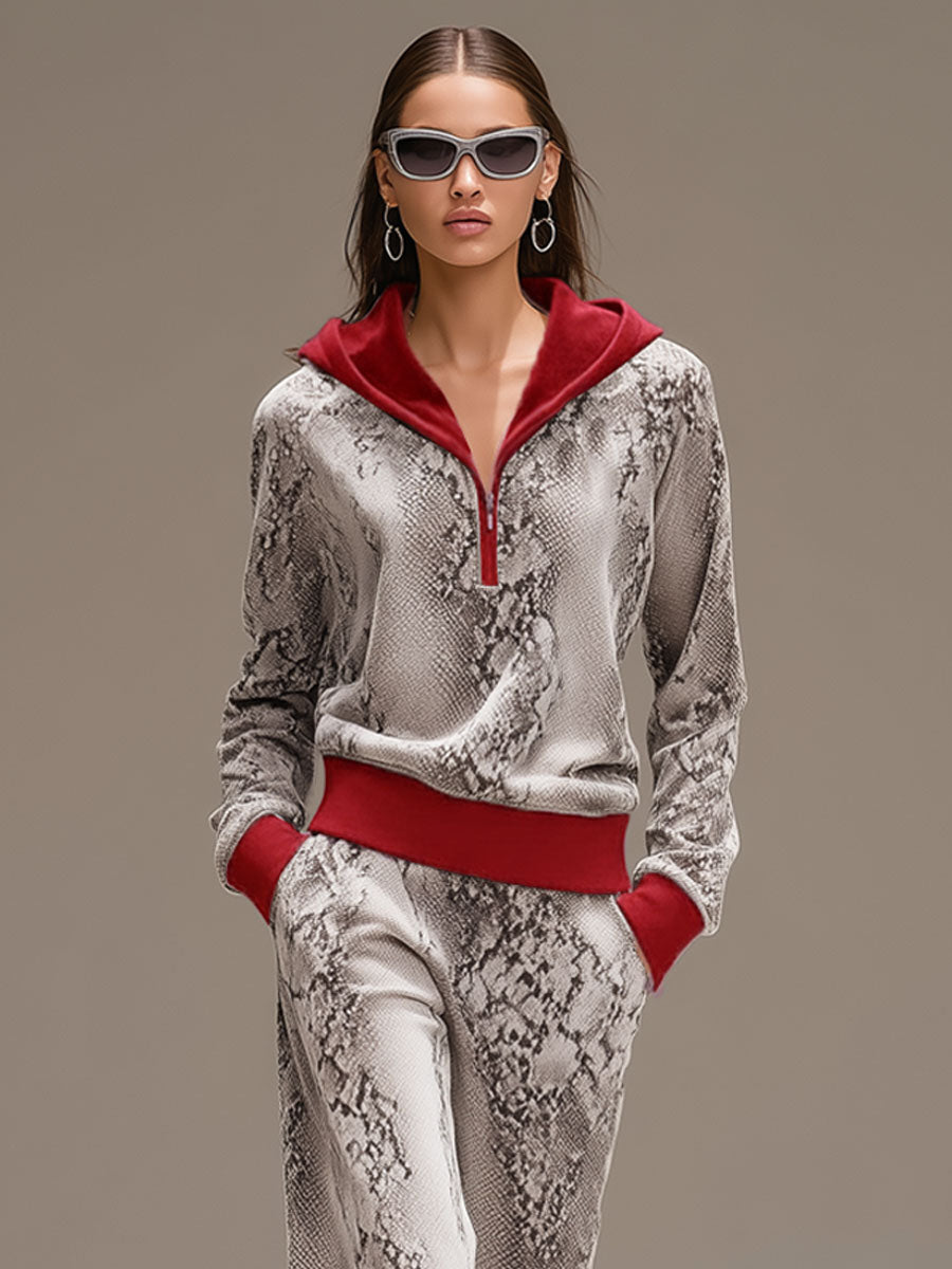 Casual Sporty Retro Snakeskin Grey Velvet Hooded Sweatshirt Wide-Leg Set