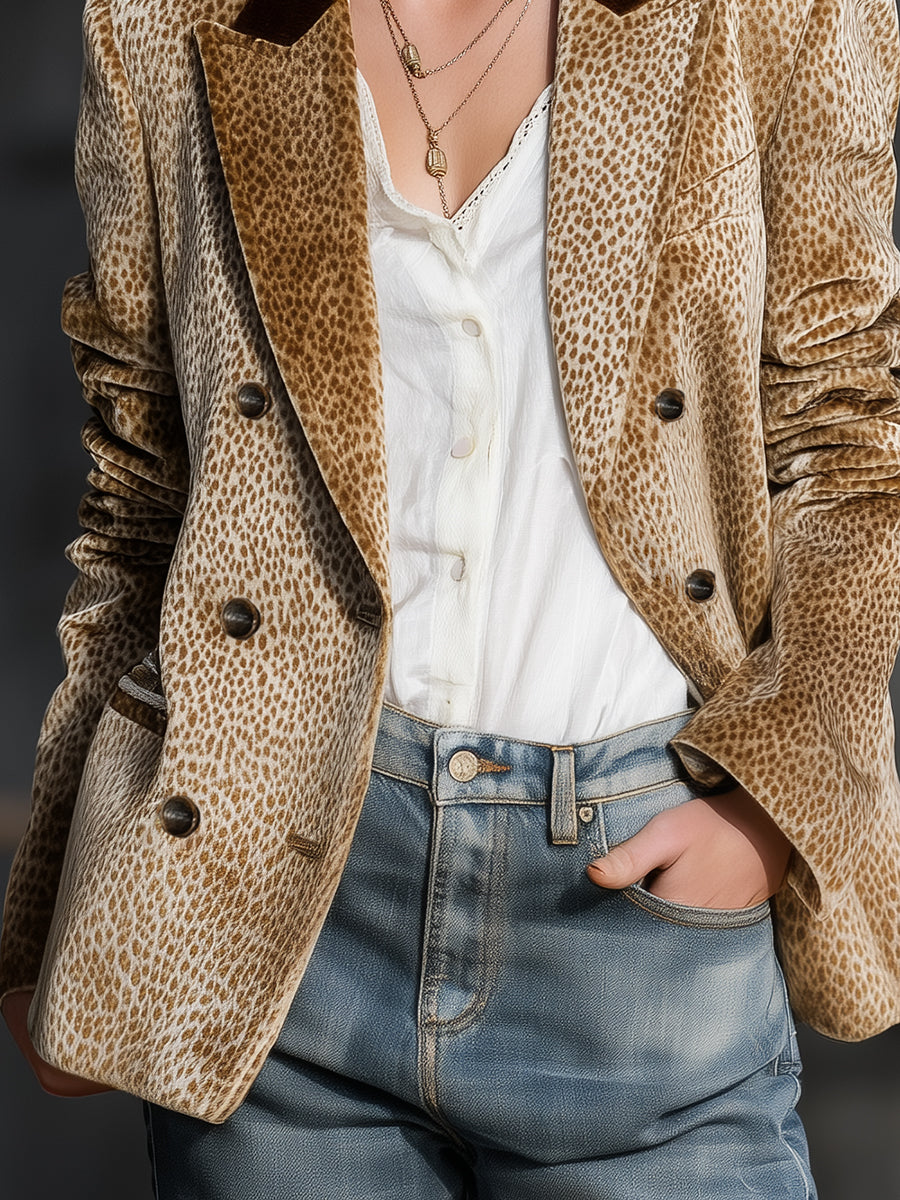 Retro and Fashionable Leopard Print Colour-block Collar Velvet Blazer