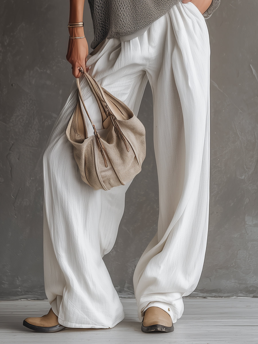 Simple Urban Grey Mesh Knit T-shirt And White Cotton Linen Wide-leg Trousers Set
