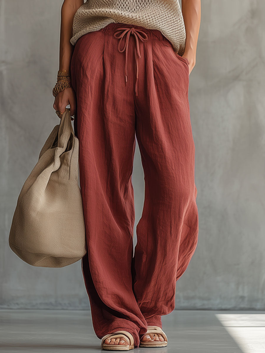 Retro Short-sleeved Knit Top and Brick Red Cotton Linen Wide-leg Trousers Set