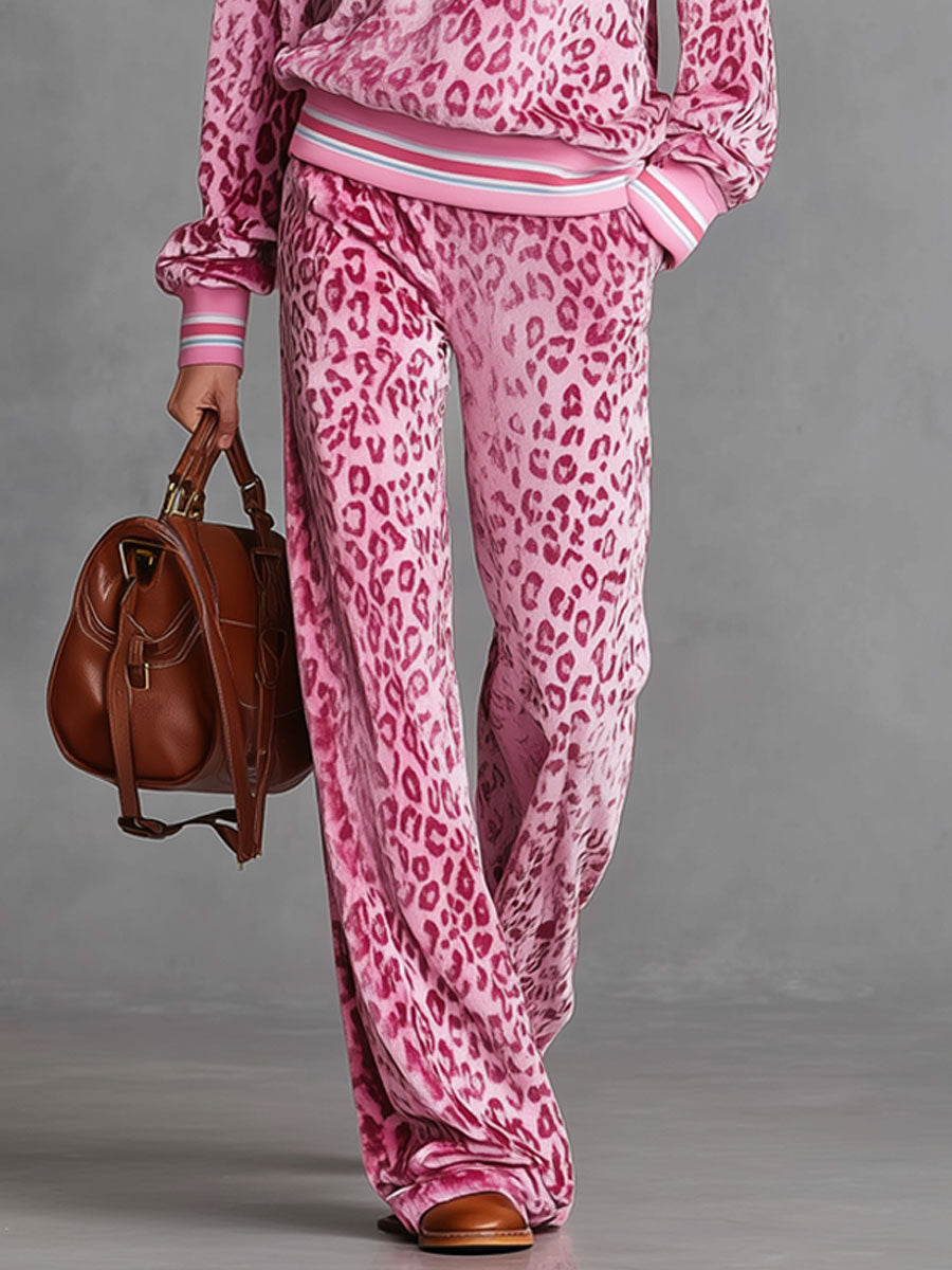 Casual Sporty Retro Pink Velvet Leopard Print Sweatshirt and Wide-Leg Trousers Set