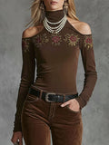 High-neck Off-shoulder Rose-embroidered All-cotton Long-sleeved T-shirt