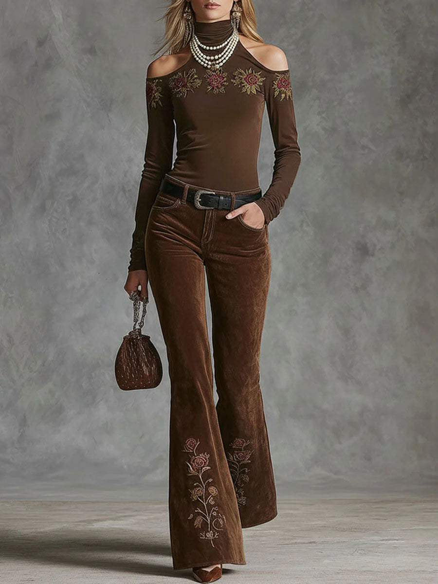High-neck Off-Shoulder Rose-Embroidered All-Cotton Long-Sleeved T-Shirt