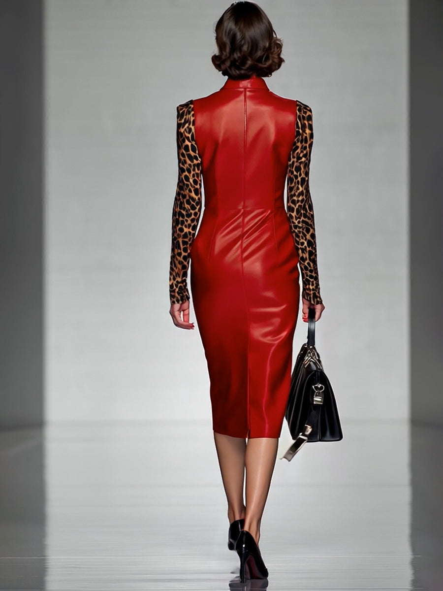 Red PU Stitching Leopard Print Zipper Midi Dress